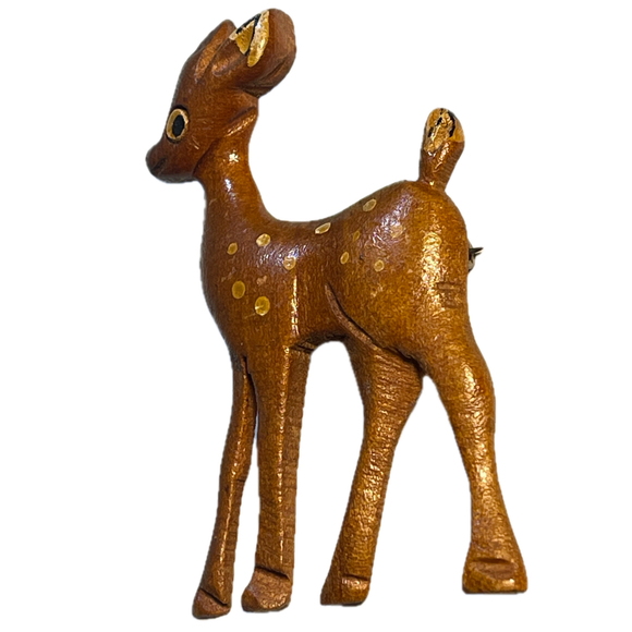 VTG 40s Hand Carved Brown Wooden Fawn Brooch 3”Lx2.5”W - Picture 2 of 11